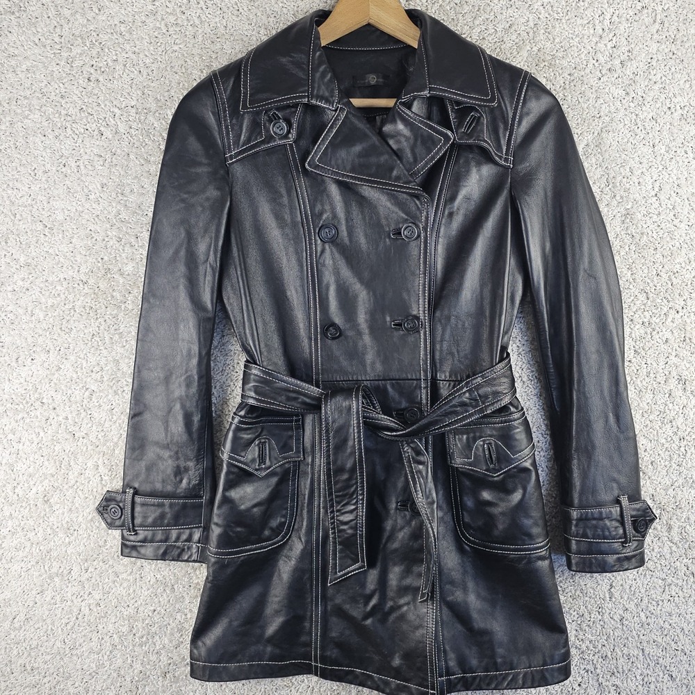 Wilsons Leather Double Breasted Trench Coat Sz XS Flap Pockets White Stitching
